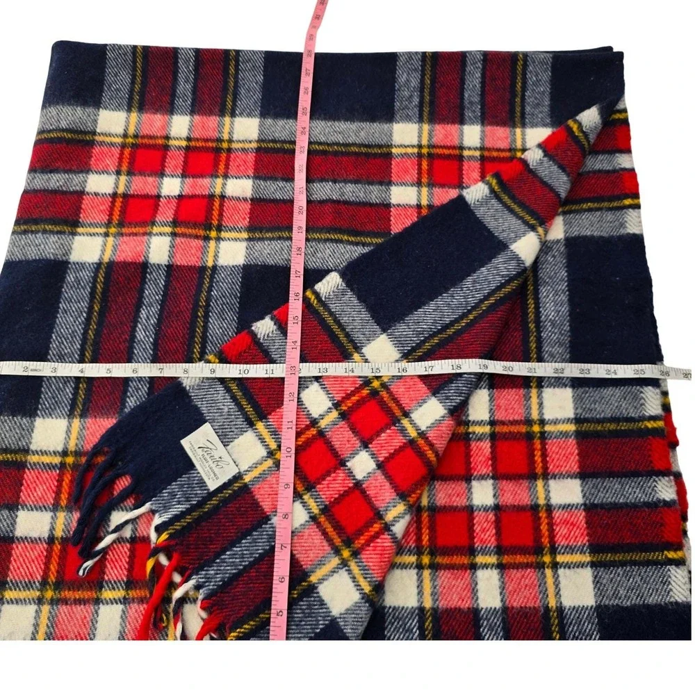 Faribo Fluff Loomed‎ Vintage Wool Plaid Throw Blanket Red Blue Fringe 56x50 USA